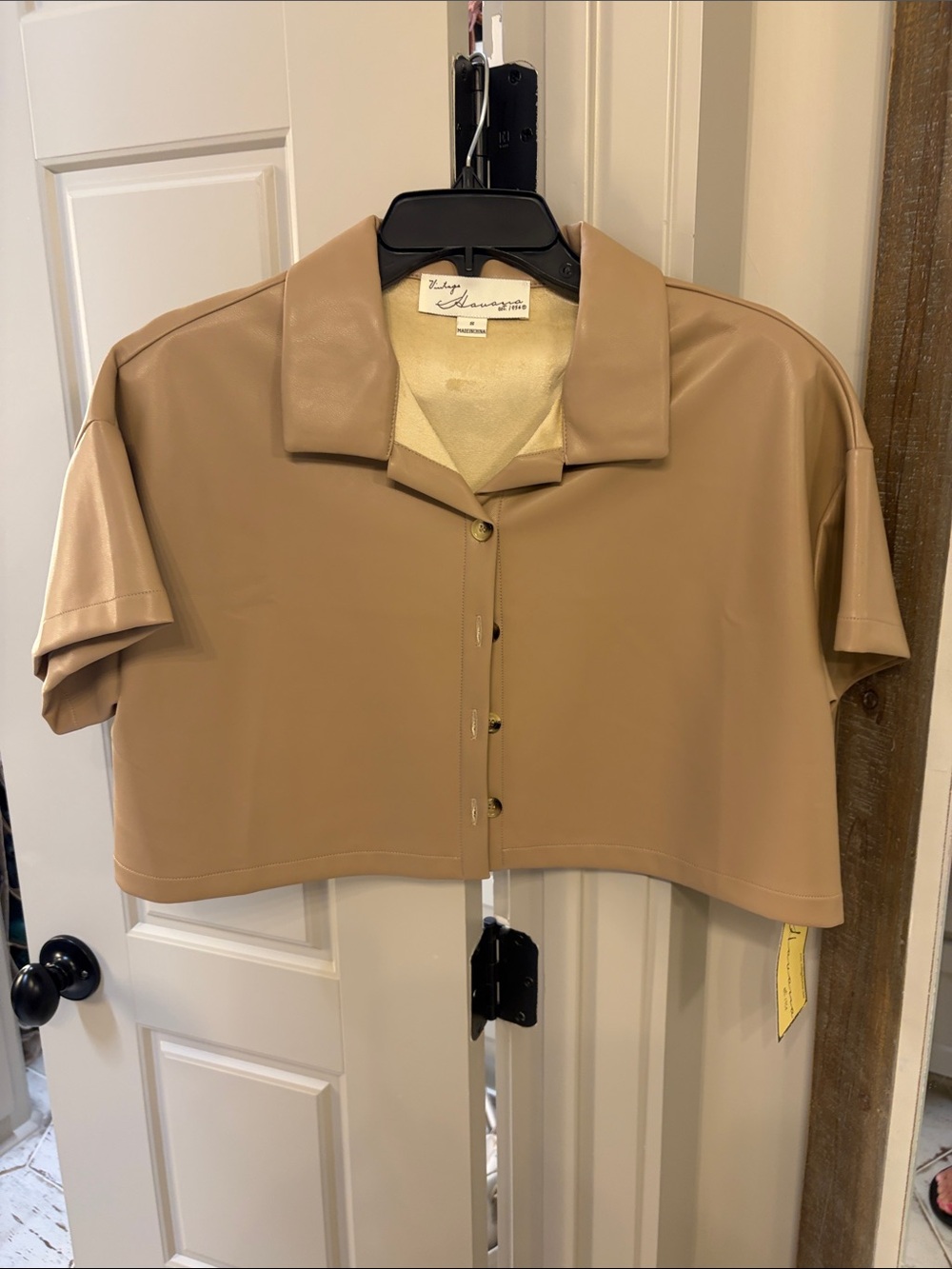 Cropped Taupe Vegan Leather Button-Up Top